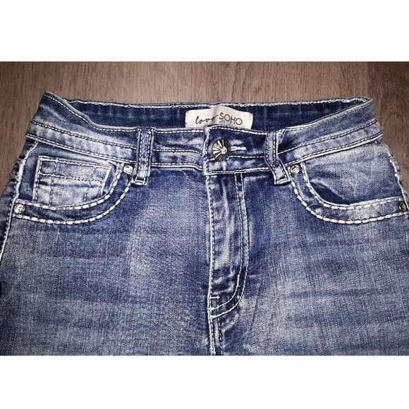 Love Soho Rhinestone Bling Flared Jeans Size 1 Distressed Denim Flares Wide Leg - Picture 2 of 7